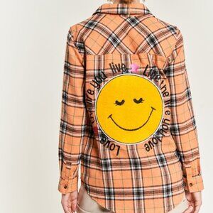 Jade by Jane Smile Face Patch Orange Plaid Plus Size Flannel 1XL